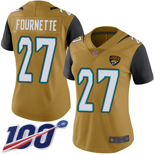 Nike Jacksonville Jaguars #27 Leonard Fournette Gold Women Stitched NFL Limited Rush 100th Season Jersey->women nfl jersey->Women Jersey